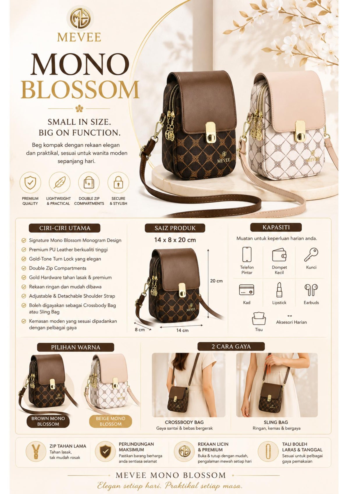 MEVEE Mono Blossom Mini Crossbody – size & details