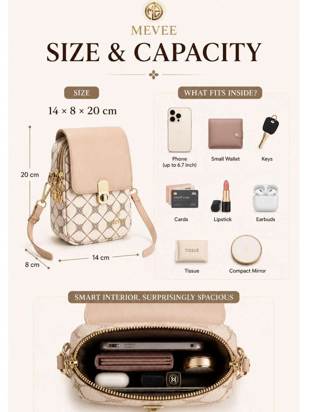 MEVEE Mono Blossom Mini Crossbody – size & compartments